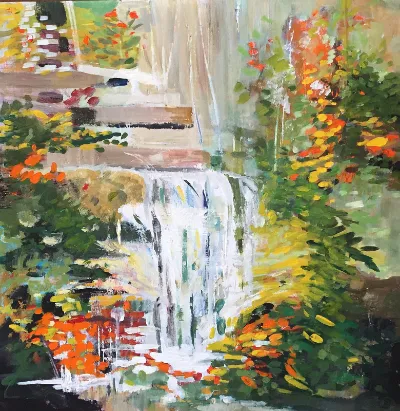 Fallingwater, 12x12, Mixed media on paper mounted on paper, by Michele Zuzalek