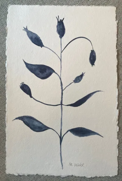 Indian Summer, Indigo watercolor on handmade deckled edge watercolor paper, 11x17, by Michele Zuzalek