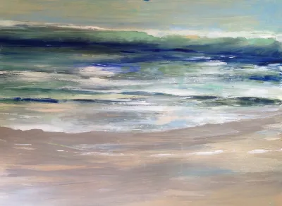 Morning Wave, Mixed media on paper, Framed white modern frame, by Michele Zuzalek
