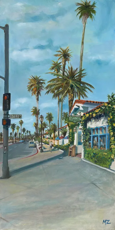 State and Cabrillo Santa Barbara, 24x48, Mixed Media on Canvas, by Michele Zuzalek