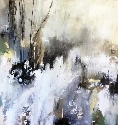 Sticks and Stones, 36x36, Mixed media on canvas, by Michele Zuzalek