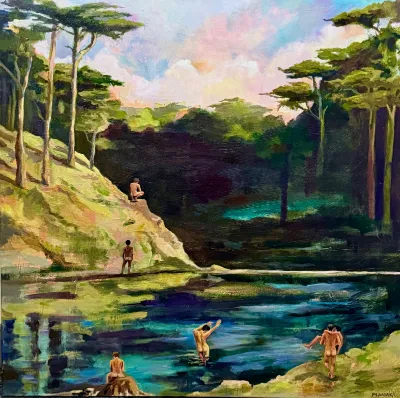 The Boys at the River, 36x36, Mixed media on canvas, by Michele Zuzalek