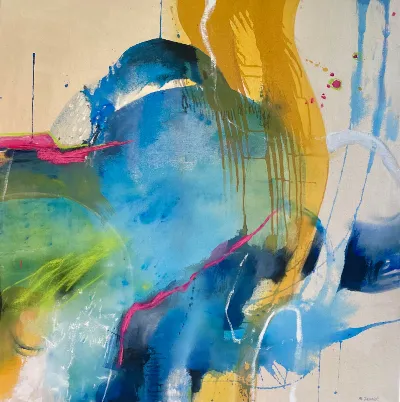 The Joy of Chance, 36”x36”, Mixed media on raw canvas, by Michele Zuzalek