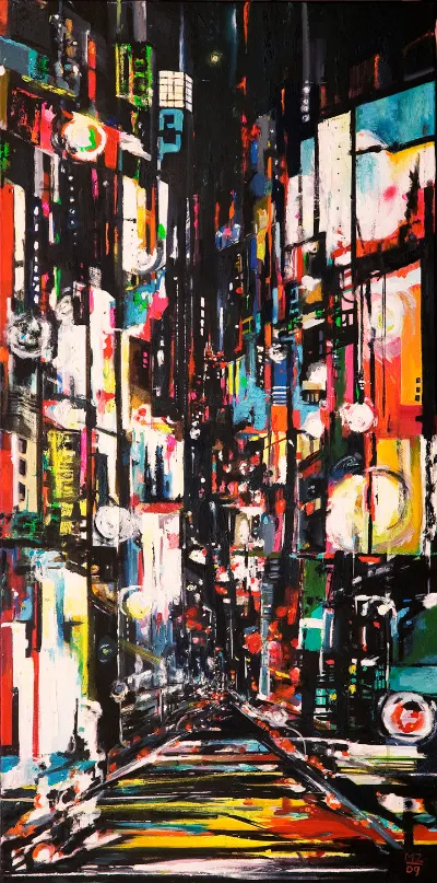 Tokyo Lights, 24x48, Mixed media on canvas, by Michele Zuzalek