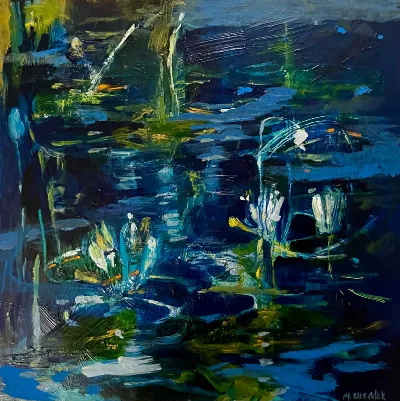 Under the Ringed Moon, 12x12 Mixed media on panel, by Michele Zuzalek