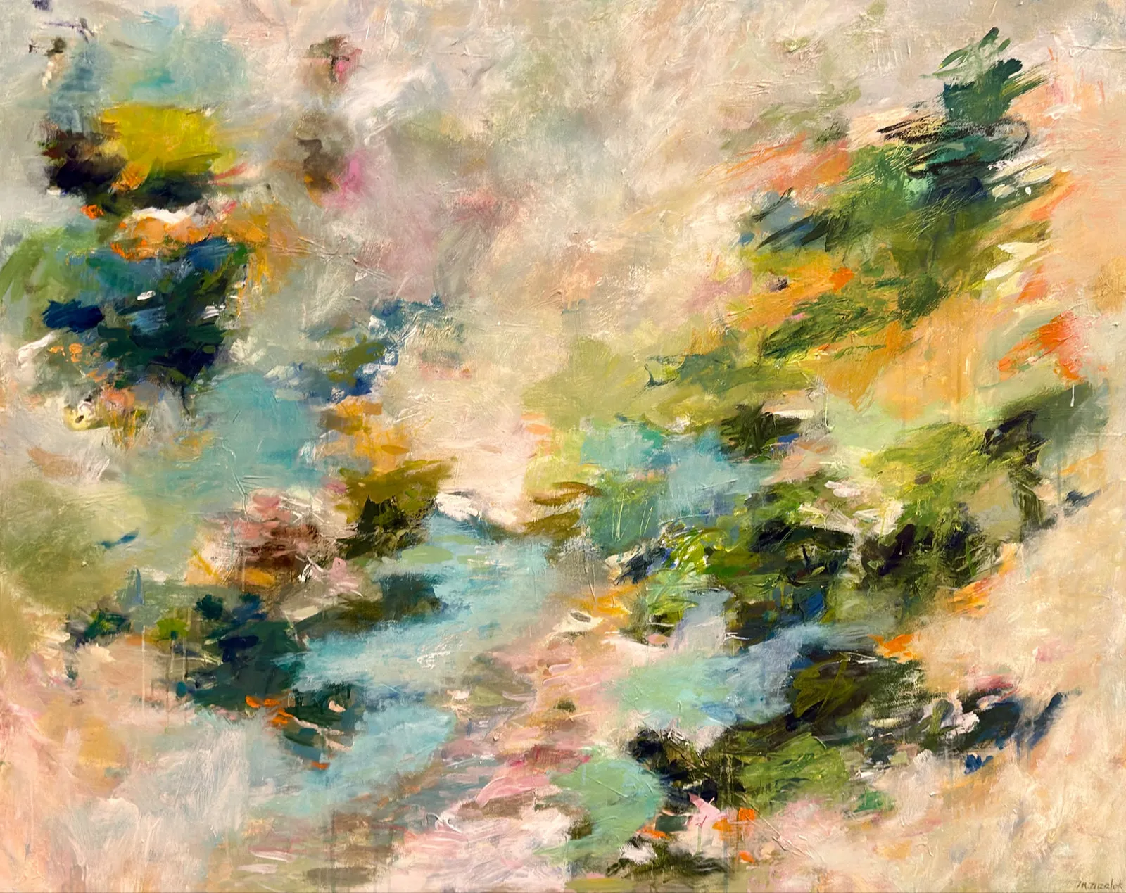 Meanwhile the World Goes On: a large abstract landscape in teal, green and peach, mixed media on canvas by Michele Zuzalek