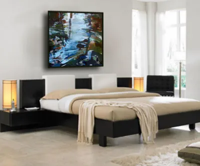 A blue abstract landscape above a low bed in a modern bedroom