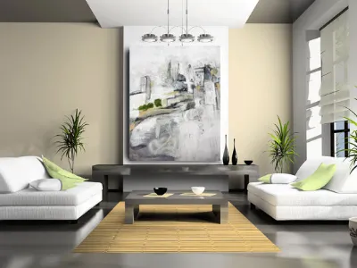 A large pale abstract hung above a sofa in a modern living room