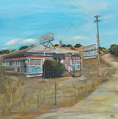 Diner: An old roadside diner under telephone wires, giclée print by Michele Zuzalek